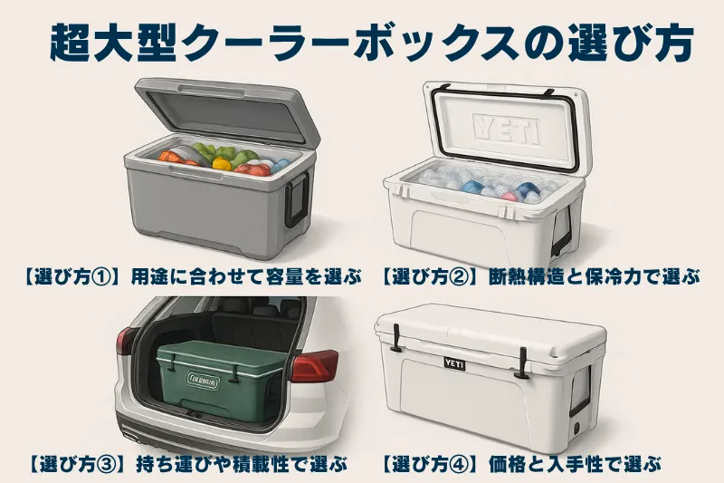 フタを閉じたYETI・コールマンの超大型クーラーボックスを中心に、「用途・保冷力・積載性・価格」の4つの選び方ポイントを示した日本語インフォグラフィック画像。選び方の視覚的ガイドに最適。