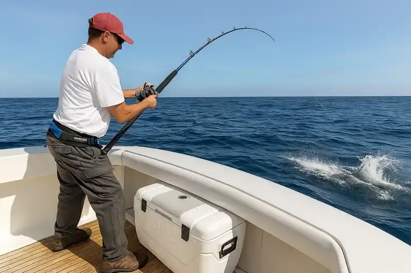 船上でクーラーボックスを使用する釣り人の写真。大物の釣果を収納するための150Lクラスのクーラーボックスが設置されている様子。