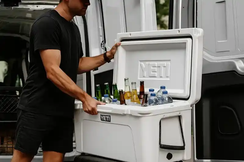 業務用トラックの荷台に超大型クーラーボックス(300L超)が積み込まれている様子。アウトドア業者や物流現場での使用シーンを再現。