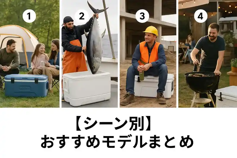 ファミリーキャンプ・釣り・現場作業・アウトドアイベントなど4つの用途シーンを組み合わせたコラージュ画像。それぞれに合ったクーラーボックス使用例を視覚的に表現。