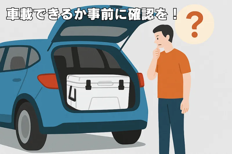普通車のトランクに超大型クーラーボックスを積み込もうとしている様子を写した写真。サイズ確認の重要性を視覚的に示している。