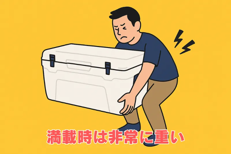 超大型クーラーボックスを持ち上げようとする男性のイラスト。重量による負担や取り扱いの大変さを表現している。