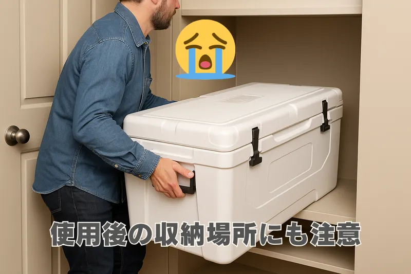 自宅の物置スペースに超大型クーラーボックスを収納しようとしている男性の様子を描いた写真。収納場所の確保が必要であることを示唆。