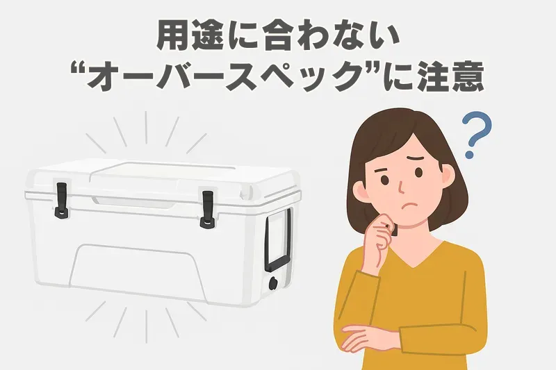 小柄な女性が大容量クーラーボックスを前に戸惑っているイラスト。使い方に合わない過剰なサイズ選びへの注意喚起。