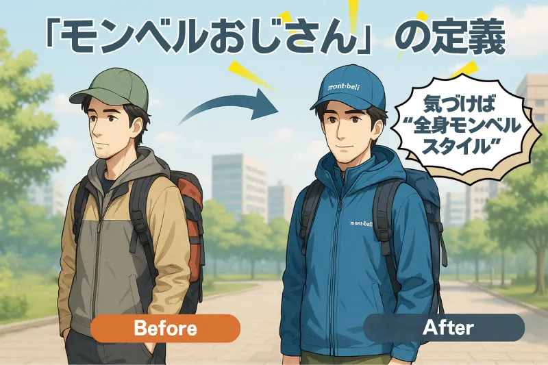 他メーカーの服を着ていたが気が付くと全身モンベルになっていたモンベルおじさんのイラスト。「モンベルおじさんの定義」という文字入り