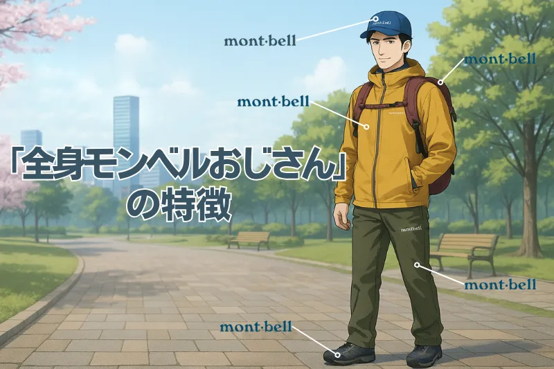 街中の公園を歩くモンベルおじさんの特徴を示すイラスト。帽子、ジャケット、バックパック、パンツ、シューズまで全身モンベル。「全身モンベルおじさん」の特徴の文字入り