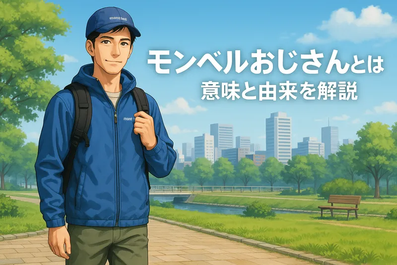 全身モンベルの服を着た中年男性が都会の公園を散歩しているモンベルおじさんのイラスト。『モンベルおじさんとは？意味と由来を解説』の文字入り