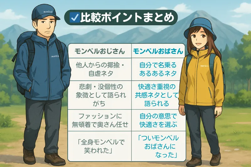 モンベルおじさんとモンベルおばさんの違いを比較した表のイラスト。使われ方やネットでの印象、背景イメージの違いを示す図