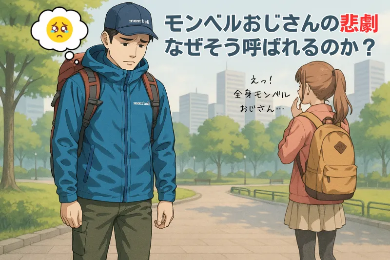 街中の公園を歩くモンベルおじさんが若い女性に噂され落ち込んでいるイラスト。「モンベルおじさんの悲劇｜なぜそう呼ばれるのか？」の文字入り