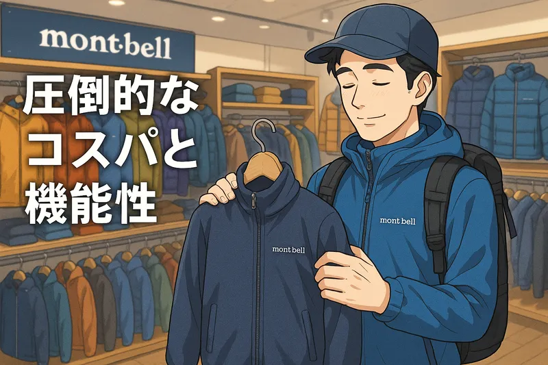 モンベル店舗でコスパと機能性の高さに感動してウェアを選ぶ40代男性のイラスト。「圧倒的なコスパと機能性」の文字入り