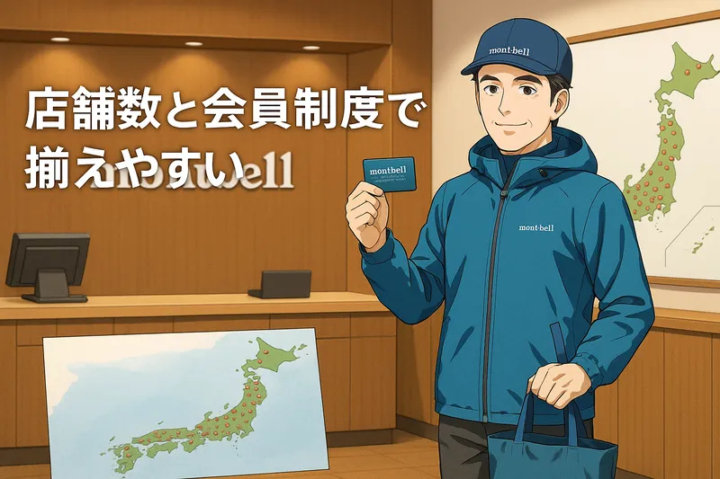 モンベル会員カードを持って店舗レジに立つ男性と日本地図に広がるモンベル店舗を示すイラスト