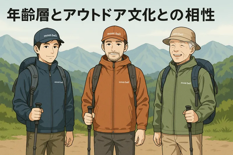 40代50代60代の日本人男性が世代別モンベルコーデで山背景に並ぶイラスト『年齢層とアウトドア文化との相性』文字入り