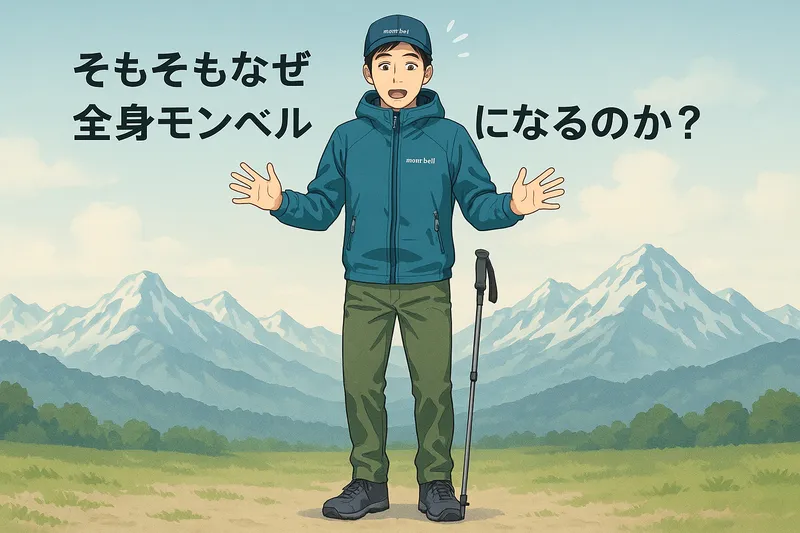 「そもそもなぜ全身モンベルになるのか？」を示す山背景で全身モンベルを着た男性イラスト