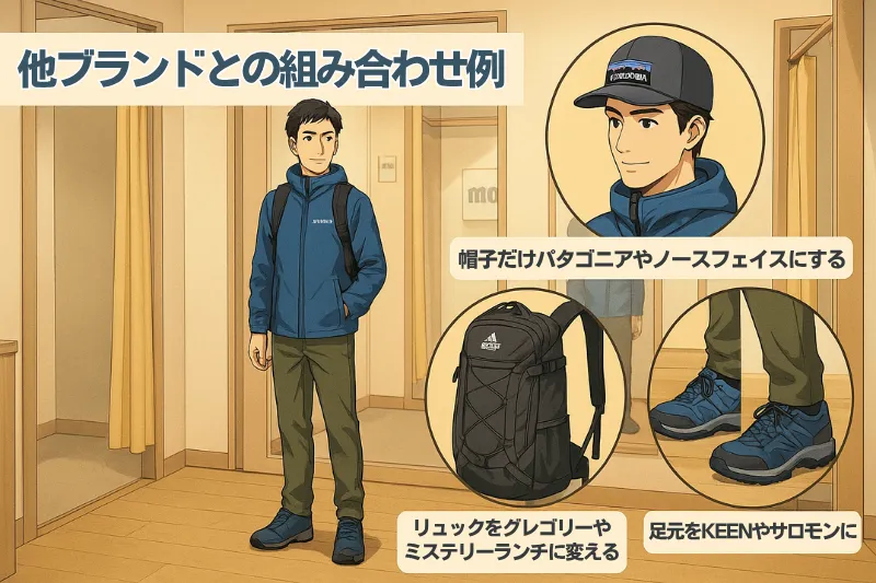 モンベルと他ブランドを組み合わせた40代男性のアウトドアコーデ3パターンのイラスト画像
