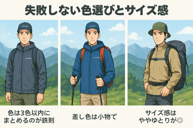 40代男性の登山コーデ色選びとサイズ感を解説する山背景の3カットイラスト