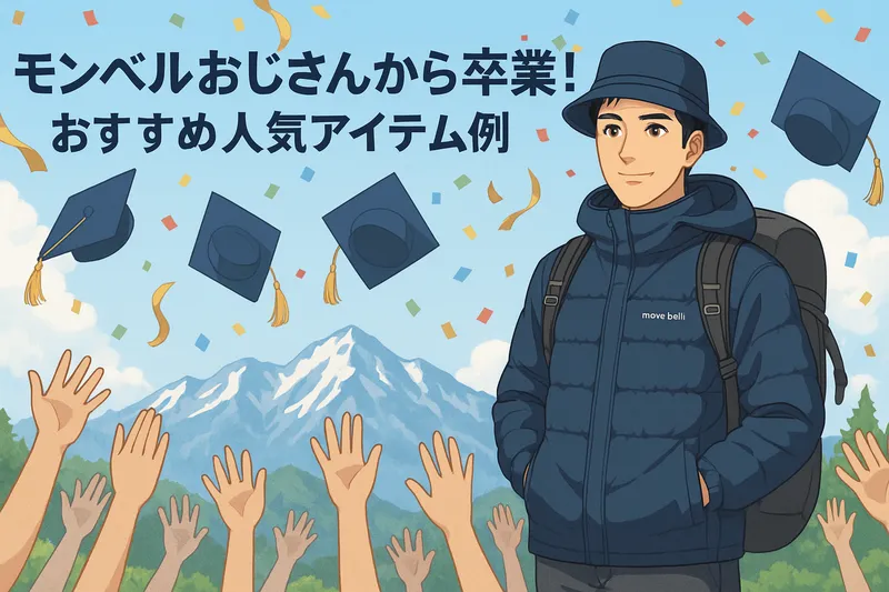 モンベルおじさん卒業を祝う40代男性の登山コーデ例｜山でダウンジャケットとキャップを着用し仲間に祝福されるイラスト