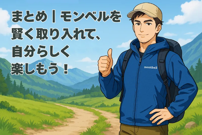 モンベルのアウトドアギアを身につけて山を背景に自分らしく楽しむ40代日本人男性を描いた繊細なアニメ調イラスト