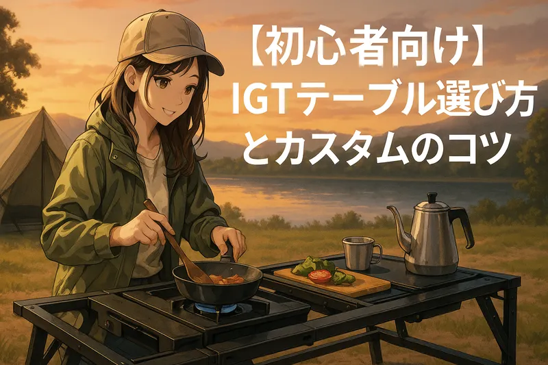 夕暮れの湖畔でガレージブランド製IGTテーブルを使って調理する若い女性ソロキャンパーのアニメイラスト