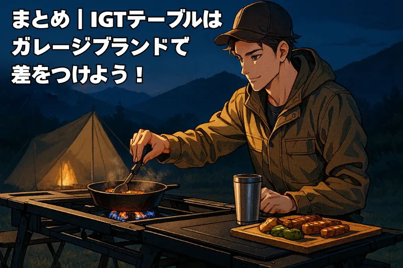 夜のキャンプサイトでIGTテーブルを使って調理する若い男性ソロキャンパーのアニメイラスト
