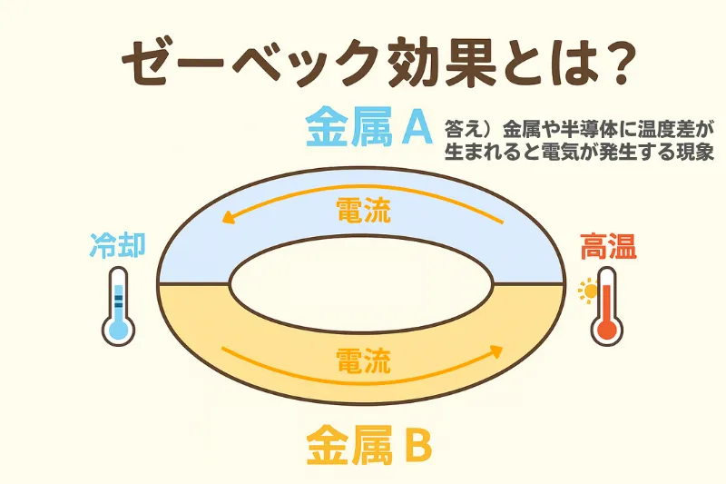 ゼーベック効果をやさしく解説する教材風イラスト|温度差で電気が生まれる仕組みがひと目で分かる図