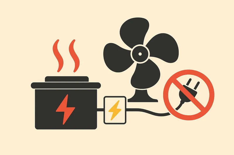 電源なしで回るストーブファンの仕組みを示す簡易イラスト(コンセントに×マークで無電源を強調)