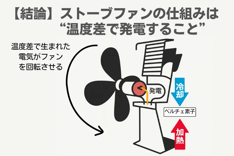 ストーブファンの仕組みを示す図解。温度差でペルチェ素子が発電しモーターが回る原理を説明したイラスト