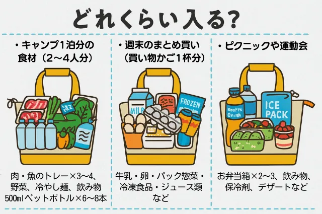 DODの保冷バッグ「ヒャドメシーレ」に収納できる内容を3シーンで図示。キャンプ食材、スーパー買い出し、ピクニックをイラストで紹介。