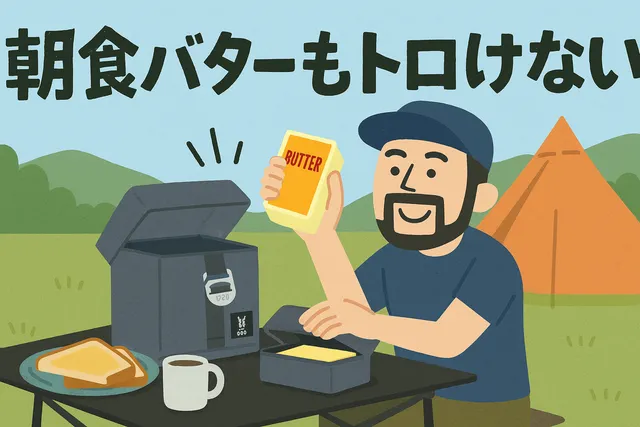 朝のキャンプ場でヒャドチョミーレから冷えたバターを取り出し、トロけていないことに喜ぶキャンパーのイラスト。