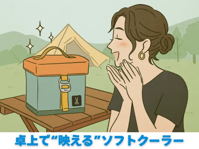 おしゃれな女性キャンパーがキャンプテーブル上にヒャドチョミーレを置き、キラキラと映える様子を楽しんでいるイラスト。