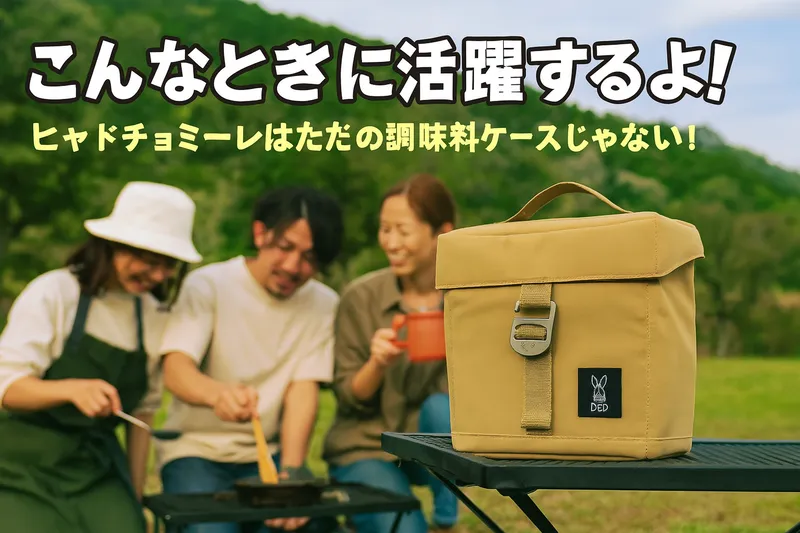 明るいキャンプ場で、ヒャドチョミーレ(ベージュ)が調味料ケースとして活躍しているポップな広告風イラスト。
