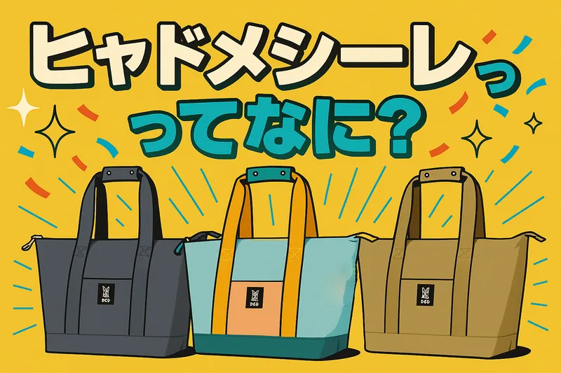 「ヒャドメシーレってなに?」という文字の下に、グレー・ベージュ・ポップカラーの3色のDOD保冷トートバッグ「ヒャドメシーレ」が並んでいるイラスト。
