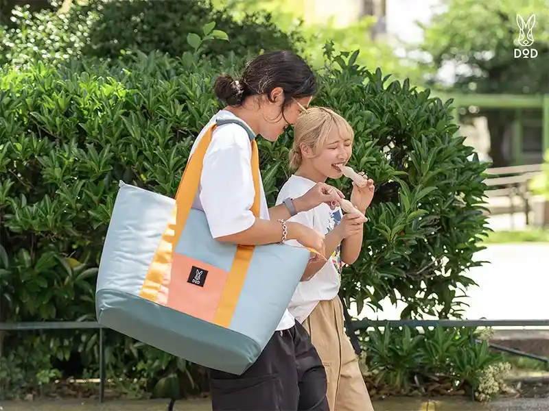女性二人が並んで歩きながらパピコを食べており、そのうち一人がDOD「ヒャドメシーレ」(ブルー)を肩から下げているシーン。