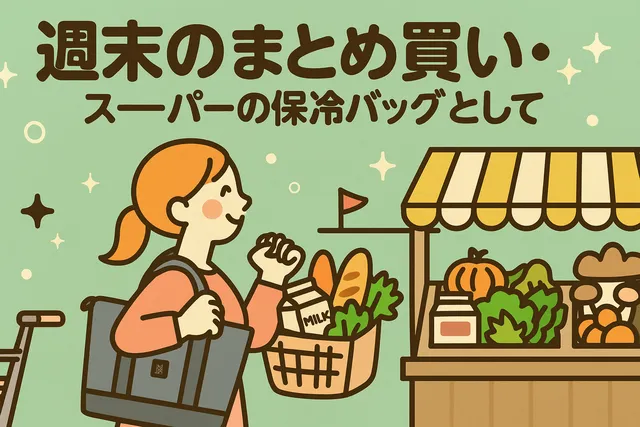 グレーのヒャドメシーレを持ち、野菜市場で買い物中の女性のイラスト。カゴの中にはパンや牛乳、野菜など。優しい色味の背景。