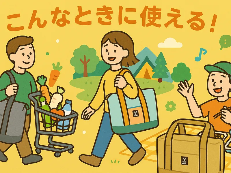 ヒャドメシーレがキャンプ、スーパー、イベントで活躍する様子をポップに描いたシーン別イラスト。3人の人物と3色展開のバッグが登場。