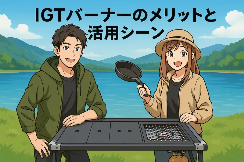 湖を背景にしたキャンプシーン。デュオキャンパーがIGTバーナーが組み込まれたテーブルを囲んでいるアニメ調のイラスト。画像上部には『IGTバーナーのメリットと活用シーン』という文字が表示されている。