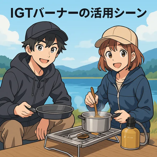 湖を背景にしたキャンプシーン。デュオキャンパーがIGTバーナー(フラットバーナー)で調理しているアニメ調のイラスト。画像上部には『IIGTバーナーの活用シーン』という文字が表示されている。