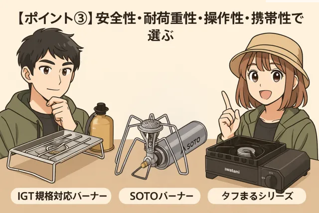 「【ポイント③】安全性・耐荷重性・操作性・携帯性で選ぶ」という文字が真上に配置され、2人のキャンパーが3つのIGTバーナー(フラットバーナー、SOTO ST-310、タフまる)を見比べながら選んでいる様子。