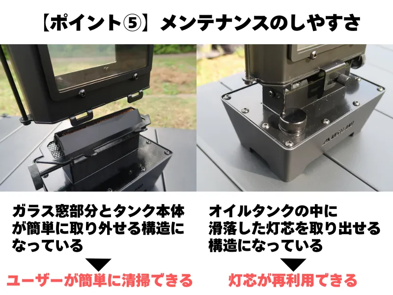 「メンテナンスのしやすさ」の文字が表示され、アイロンストーブのメンテナンス状態を確認しているシーン。