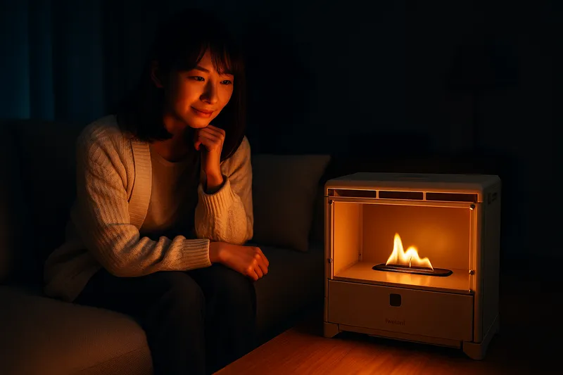 停電時にイワタニ「MYDANRO」が室内を照らし、女性が安心して過ごしている様子