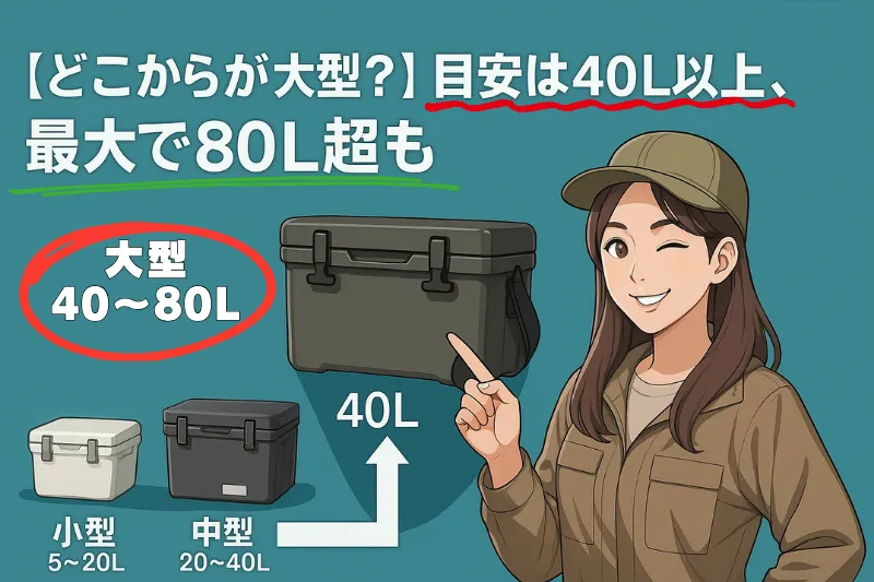 若い日本人女性キャンパーとともに、小型から大型までのクーラーボックス容量を視覚的に比較した説明図