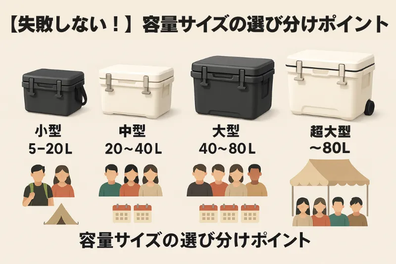 人数と使用日数に応じた容量サイズの目安を示すイラスト。1〜2人用の中型から、4人以上の超大型クラスまで段階的に分類されている構成。