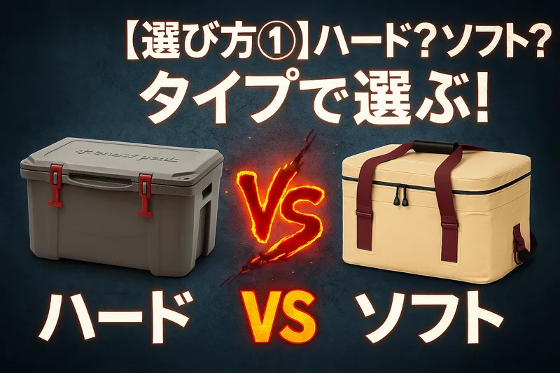 スノーピークのハードクーラーとソフトクーラーが対峙する構図。中央に“VS”の文字があり、両者が性能を競っている印象を与える比較イメージ。
