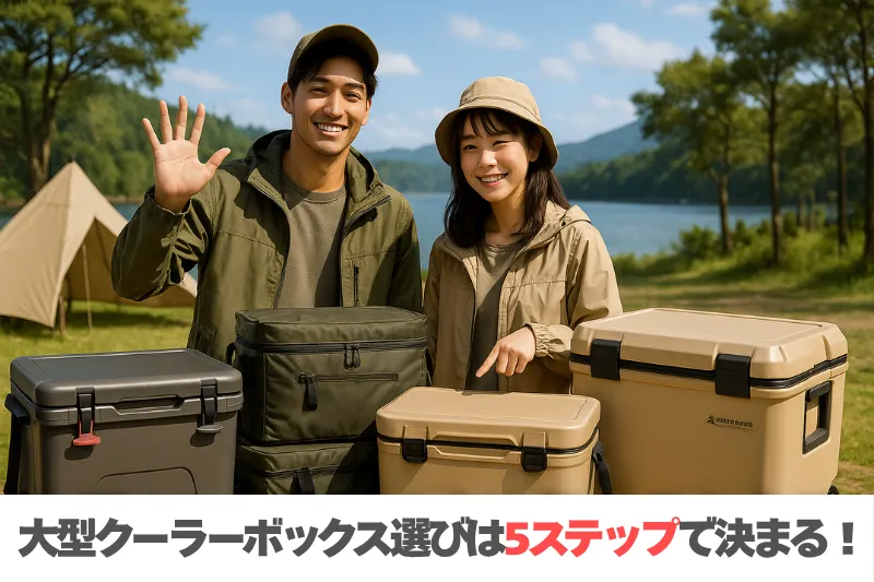 夏の湖畔キャンプサイトで、若い男女のキャンパーが5本指を広げてクーラーボックス選びのポイントを表現しているリアルな3DCGイラスト。下に「大型クーラーボックス選びは5ステップで決まる!」の文字入り。