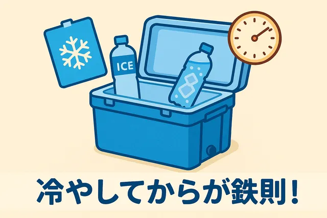保冷剤や凍らせたペットボトルをクーラーボックスに事前投入し、プレクーリングを行う様子を示したイラスト。
