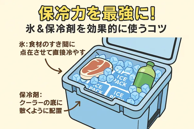 クーラーボックスの底に保冷剤を敷き、食材の間に氷を点在させて効果的に冷却している様子を描いた図