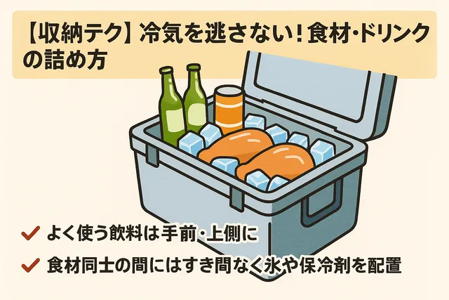 よく使う飲み物を上部に配置し、食材の間に保冷剤を詰めて冷気を閉じ込めるパッキング方法を紹介したイラスト。
