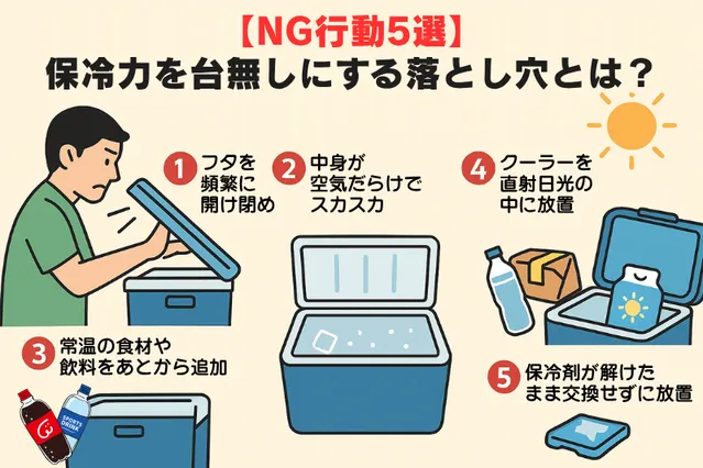 保冷力を損なうNG行動5つ(頻繁な開閉・スカスカ収納・直射日光・常温追加・保冷剤放置)を一覧で示した図解。
