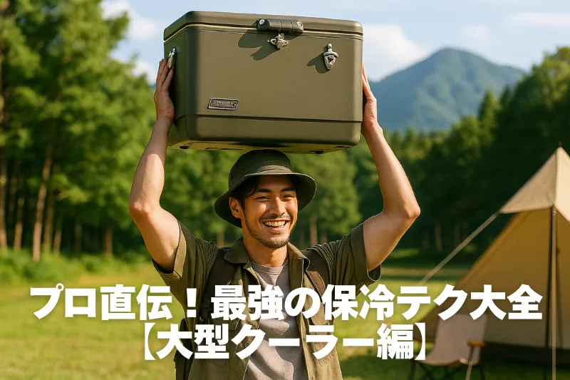 真夏の林間サイトで、若い男性キャンパーが大型クーラーボックスを両手で高く掲げているリアルな3DCGイメージ。下に「プロ直伝!最強の保冷テク大全【大型クーラー編】」の文字入り。