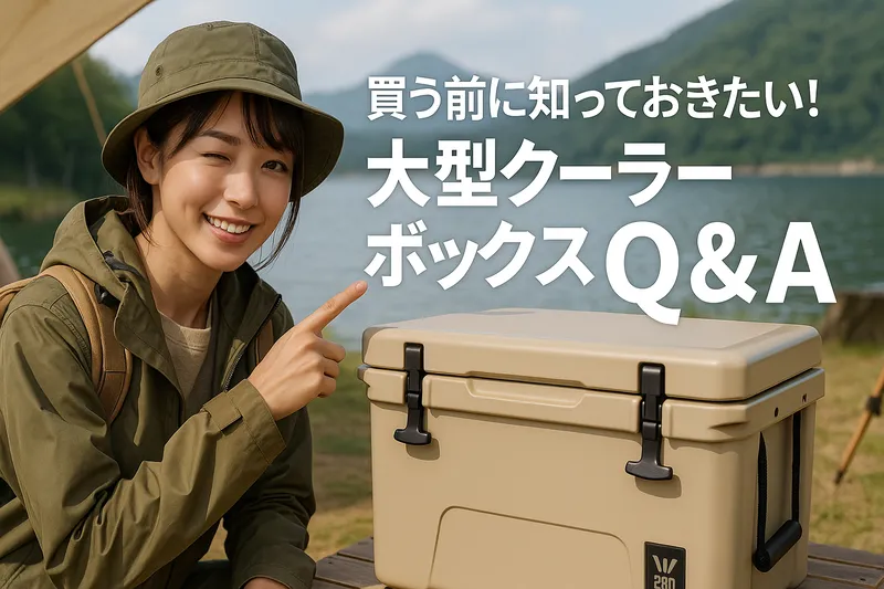 湖の見えるキャンプサイトで、大型クーラーボックスを指さしてウインクする若い日本人女性ソロキャンパー。見出し『買う前に知っておきたい!大型クーラーボックスQ&A』入り。リアルな3DCG調の横長画像(16:9比率)