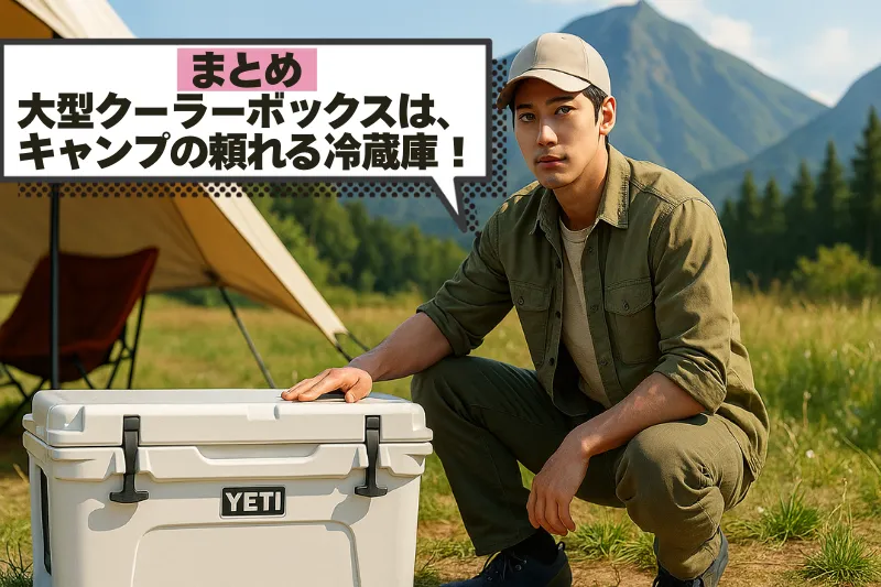 山が見えるキャンプサイトで、大型クーラーボックスの横に座る若い日本人男性ソロキャンパー。クーラーボックスを使用中のシーン。見出し『まとめ|大型クーラーボックスは、キャンプの頼れる冷蔵庫!』入り。リアルな3DCG調の横長画像(16:9比率)